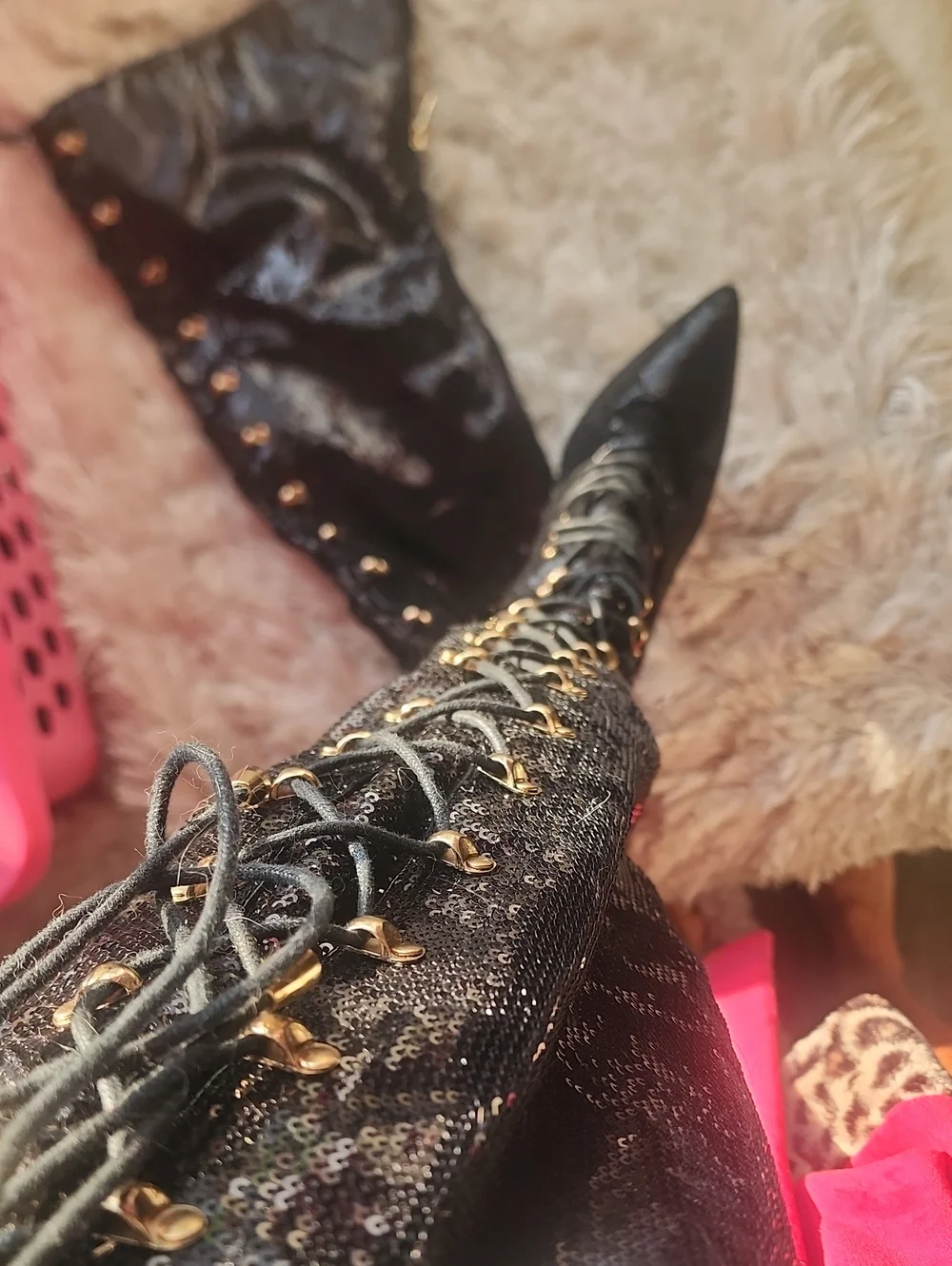 ♥️LIKE NEW Black Sequin Over-the-Knee Lace-Up Stiletto Boots!